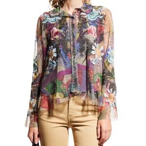 Johnny Was Sheer Multicolor Floral Embroidered Button-Front Blouse